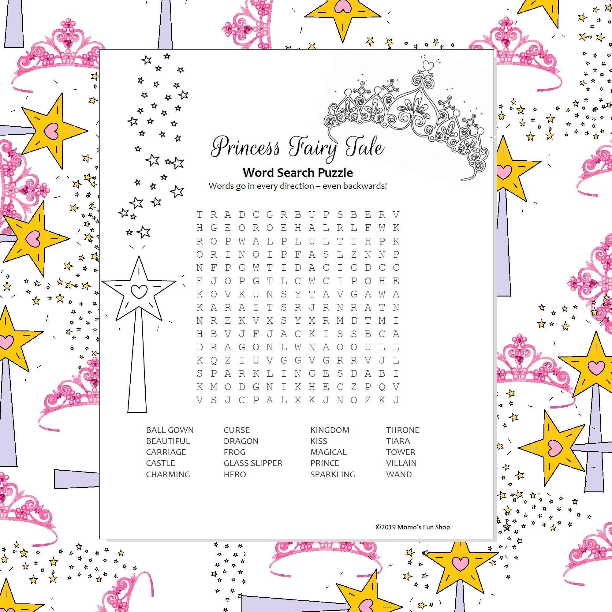 Princess Fairy Tale Word Search Puzzle Party Printables For Kids Party Favours Colouring Activity Sheet Instant Download PDF Etsy