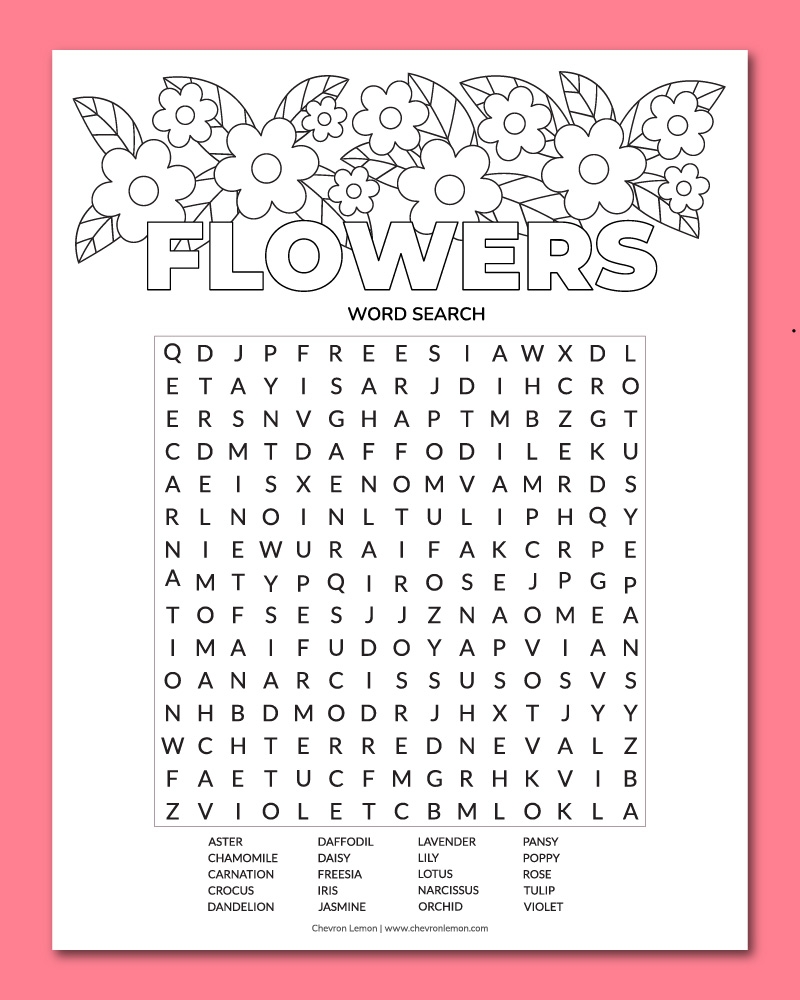 Printable Flower Word Search Chevron Lemon