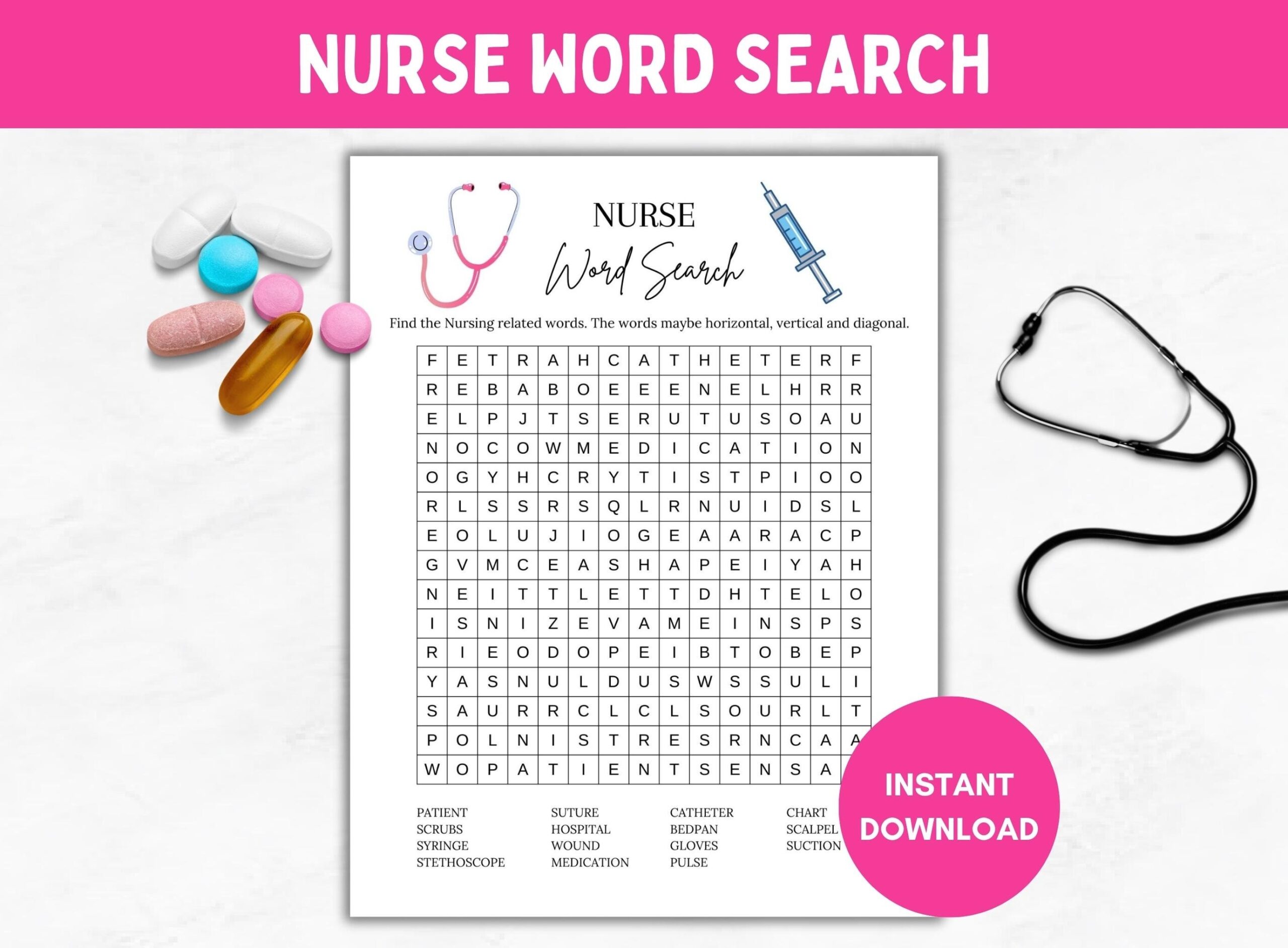Printable Nurse Word Search Nursing Theme Fun Graduation Game Student Nurse Retirement Party RN Grad Nurses Week Digital Download Etsy