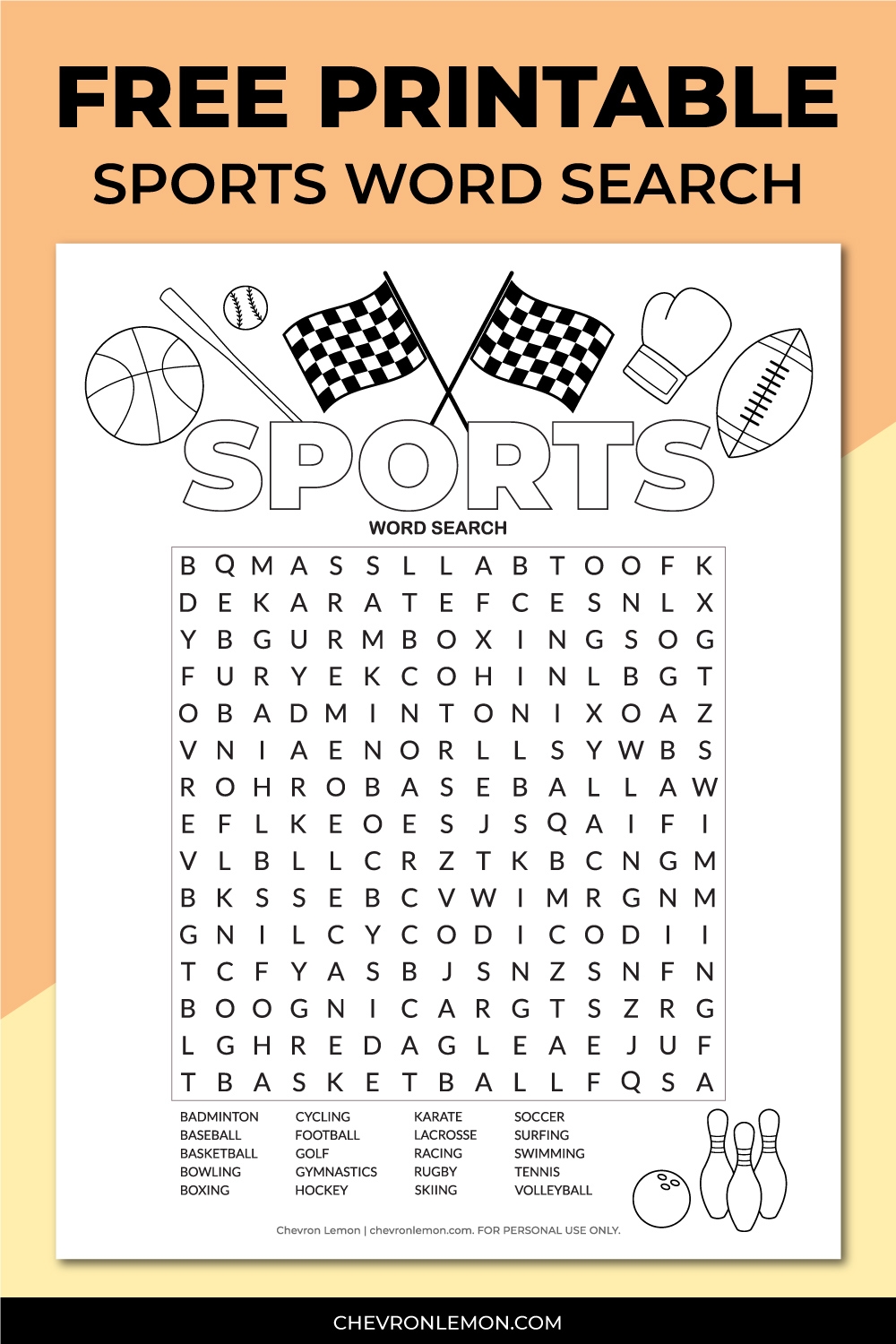 Printable Sports Word Search Puzzle Chevron Lemon Worksheets Library
