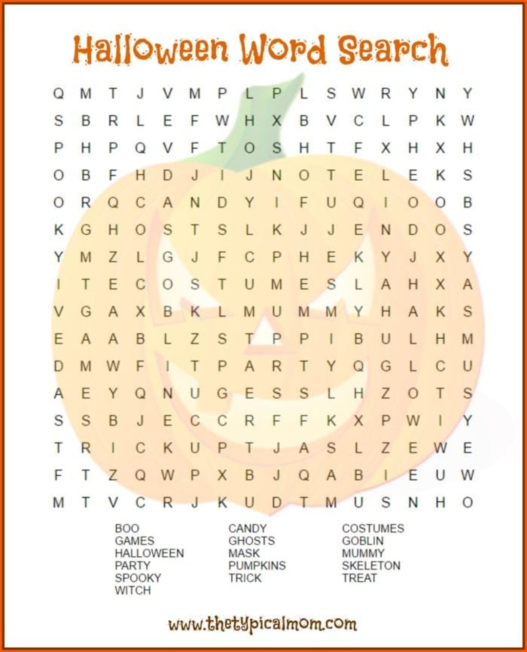 Pumpkin Halloween Word Search Printable Etsy