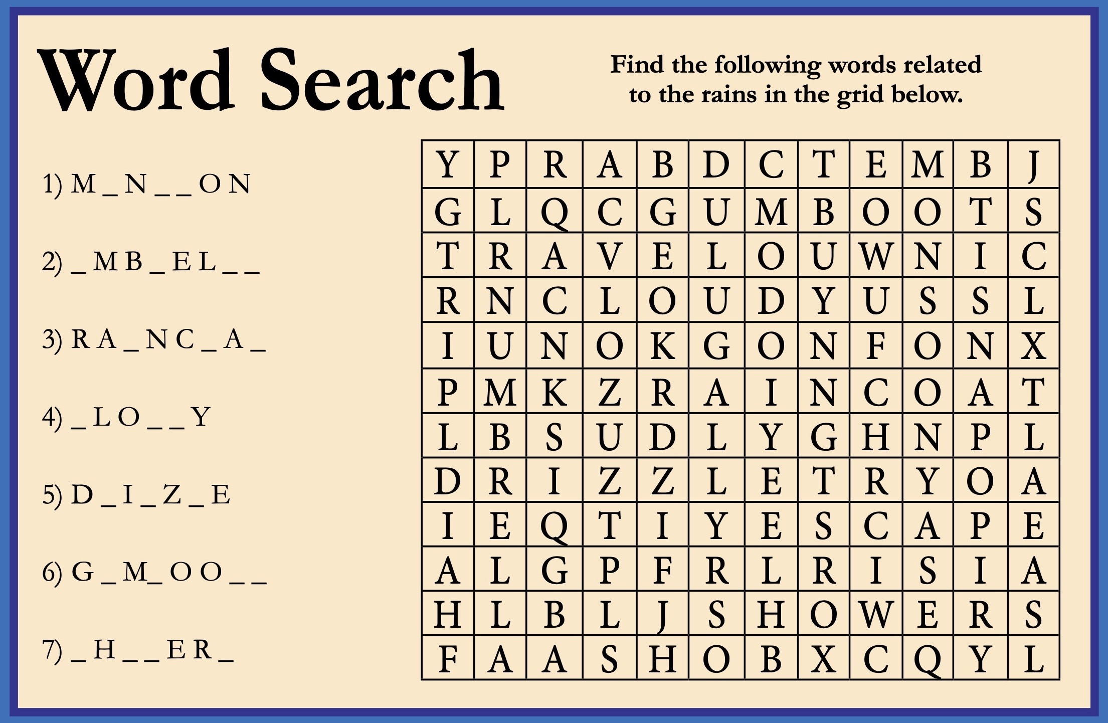 Rainy Day Word Search Printable