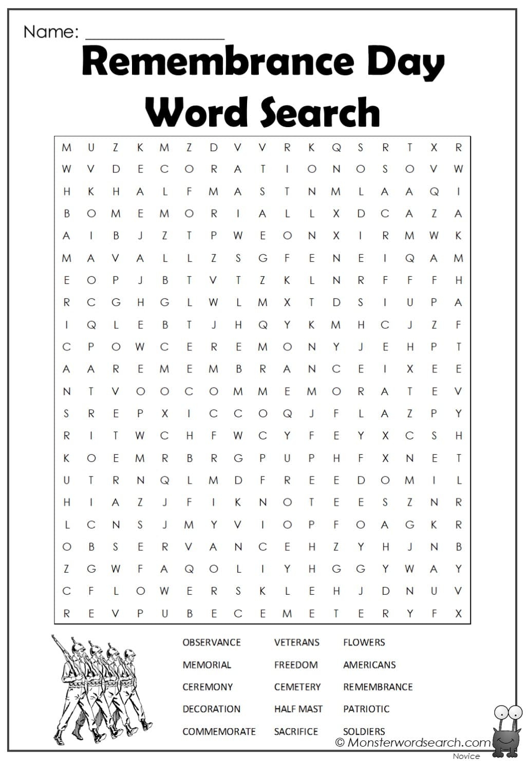 Remembrance Day Word Search Monster Word Search