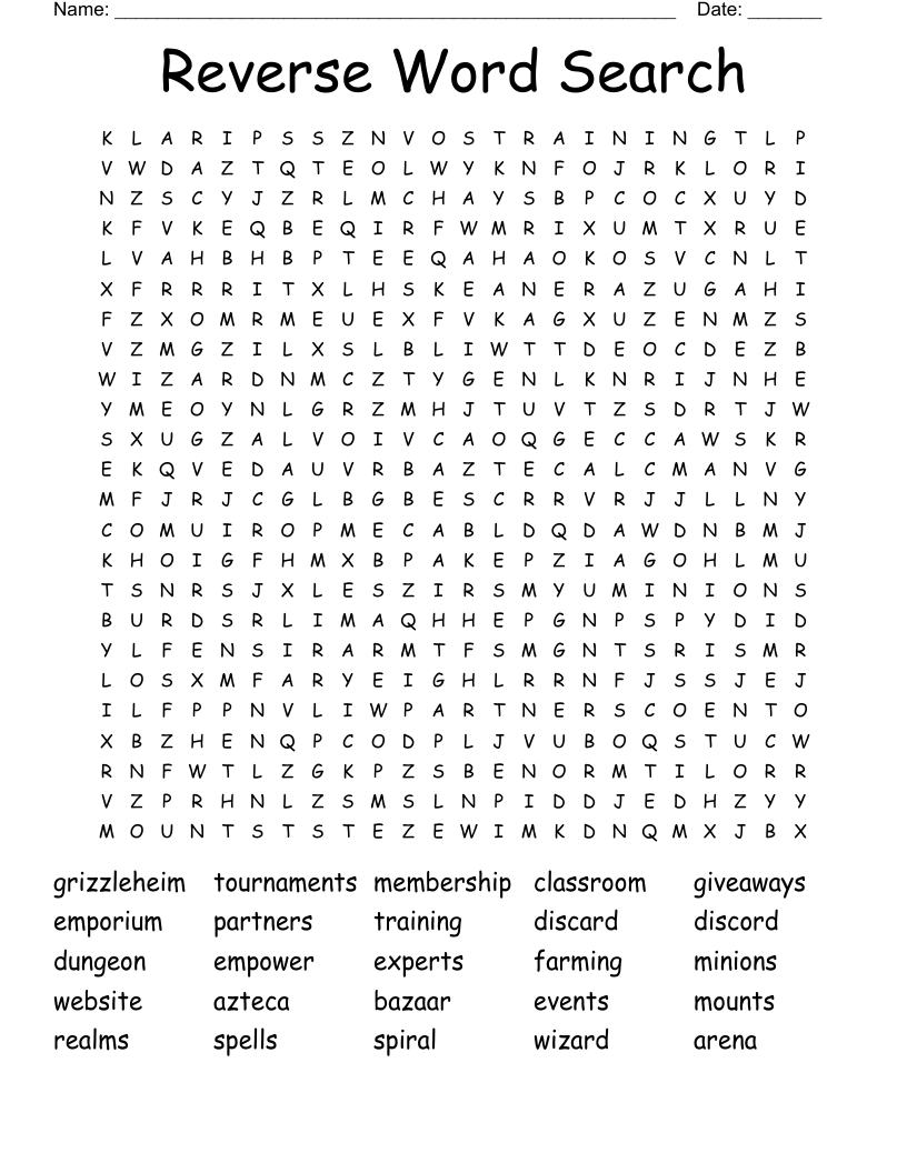 Printable Reverse Word Search