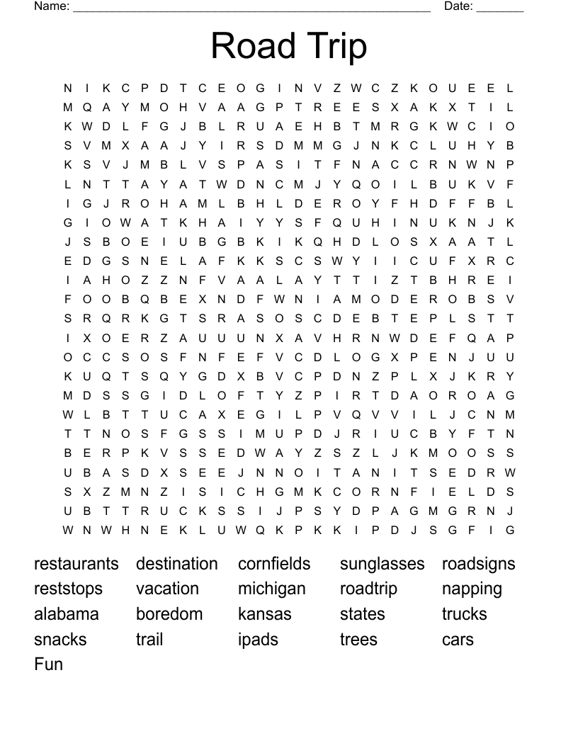 Road Trip Word Search Printable