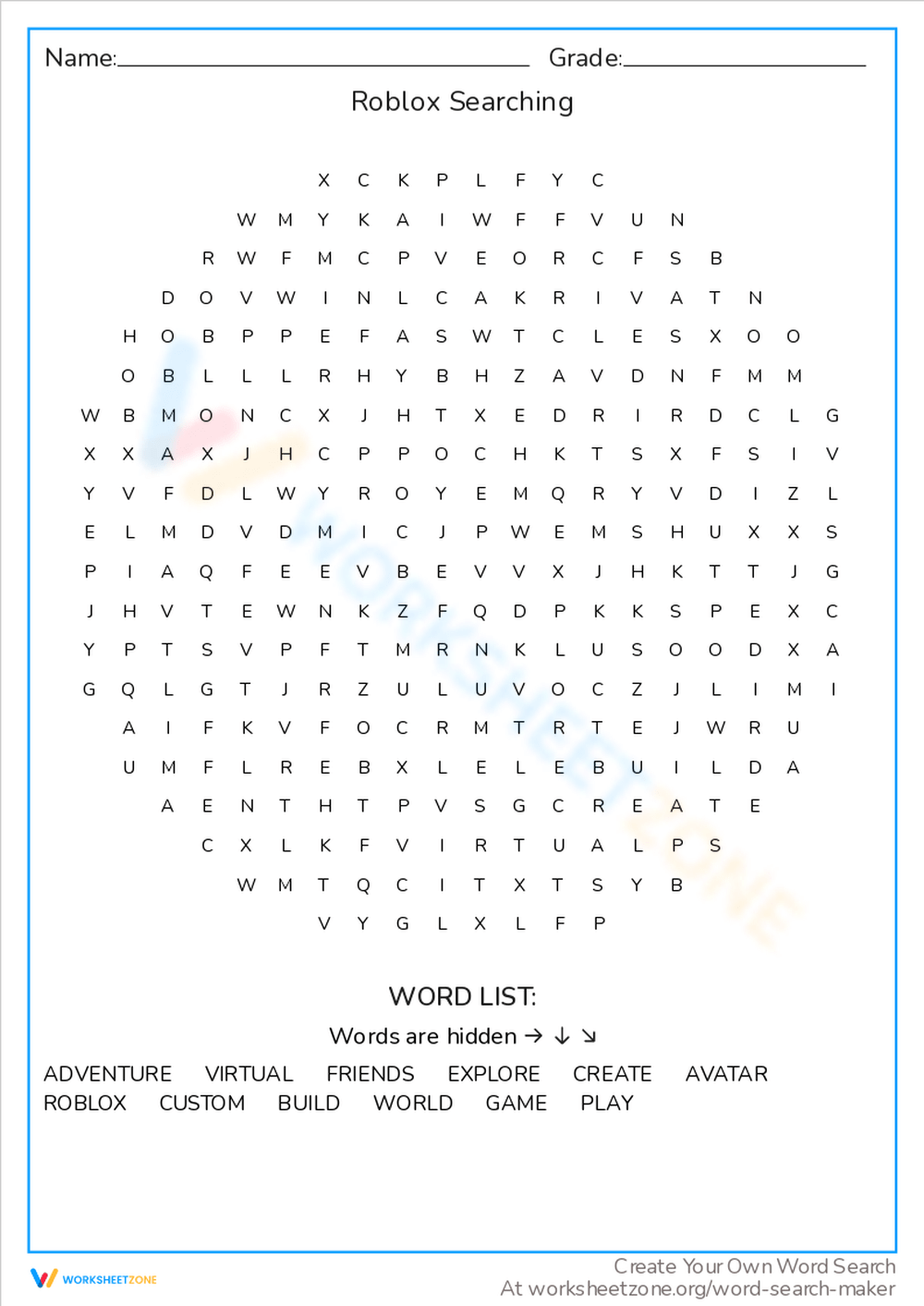 Roblox Searching Word Puzzle Game Worksheet