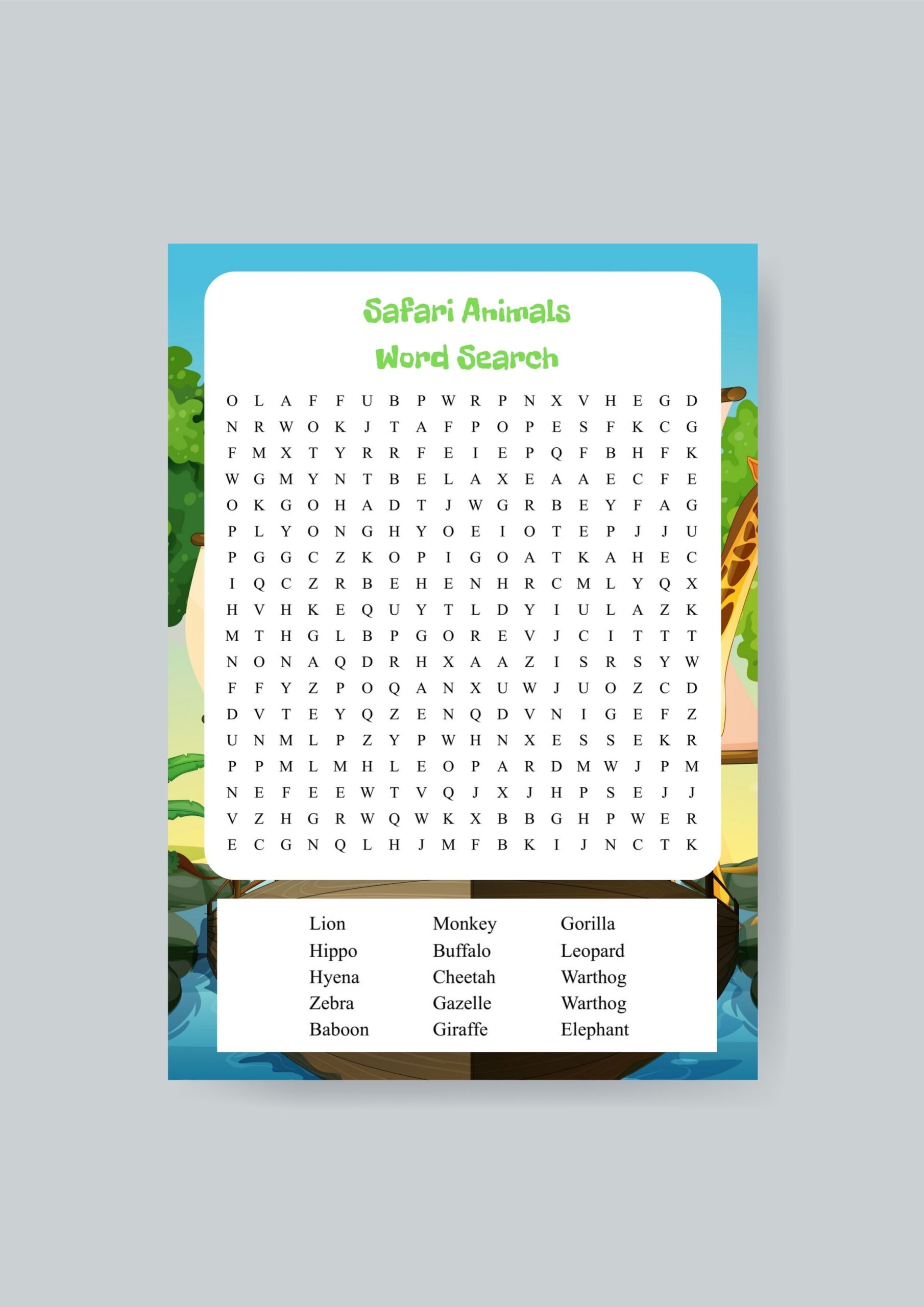 Safari Animals Word Search Printable