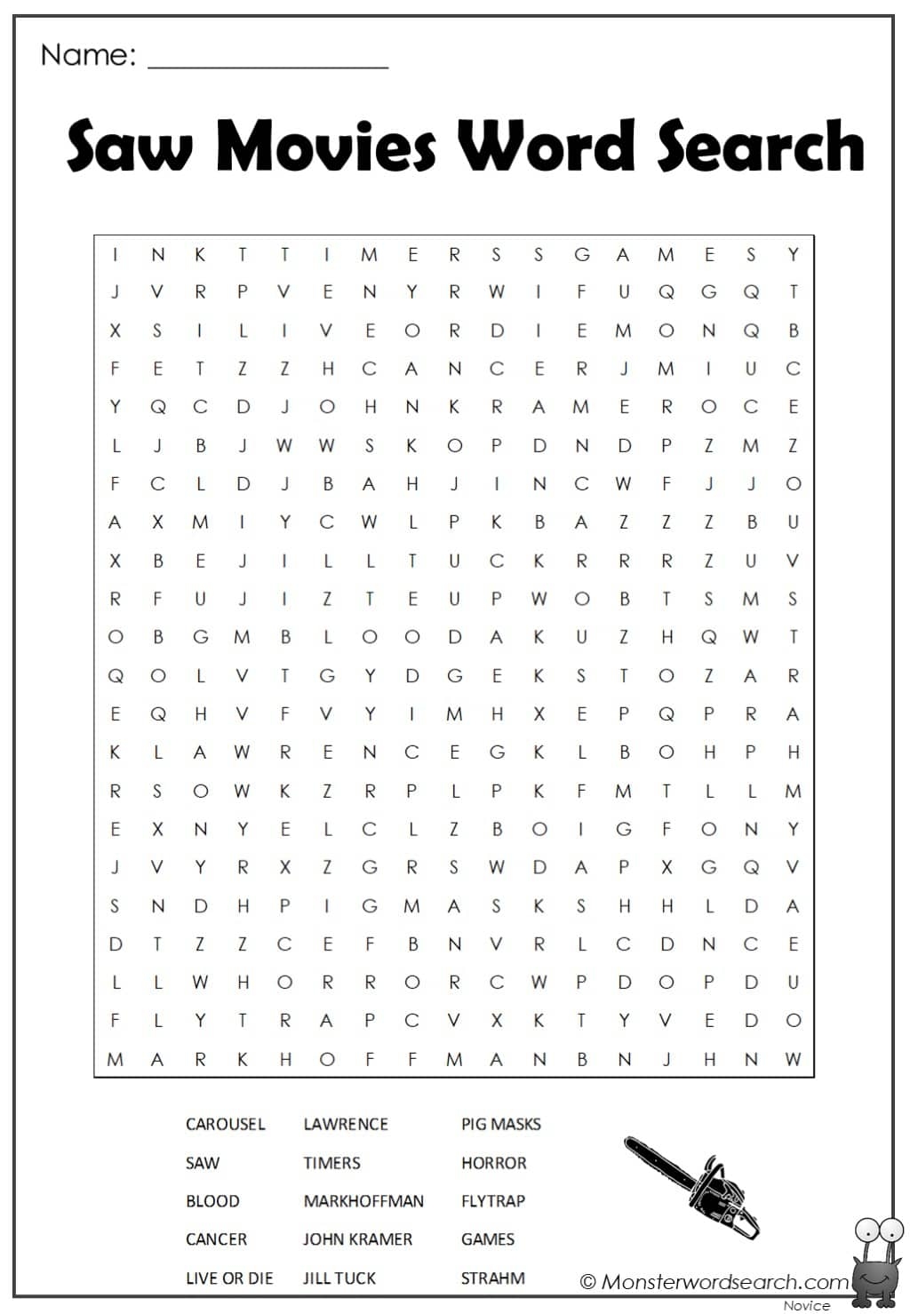 Saw Movies Word Search Monster Word Search