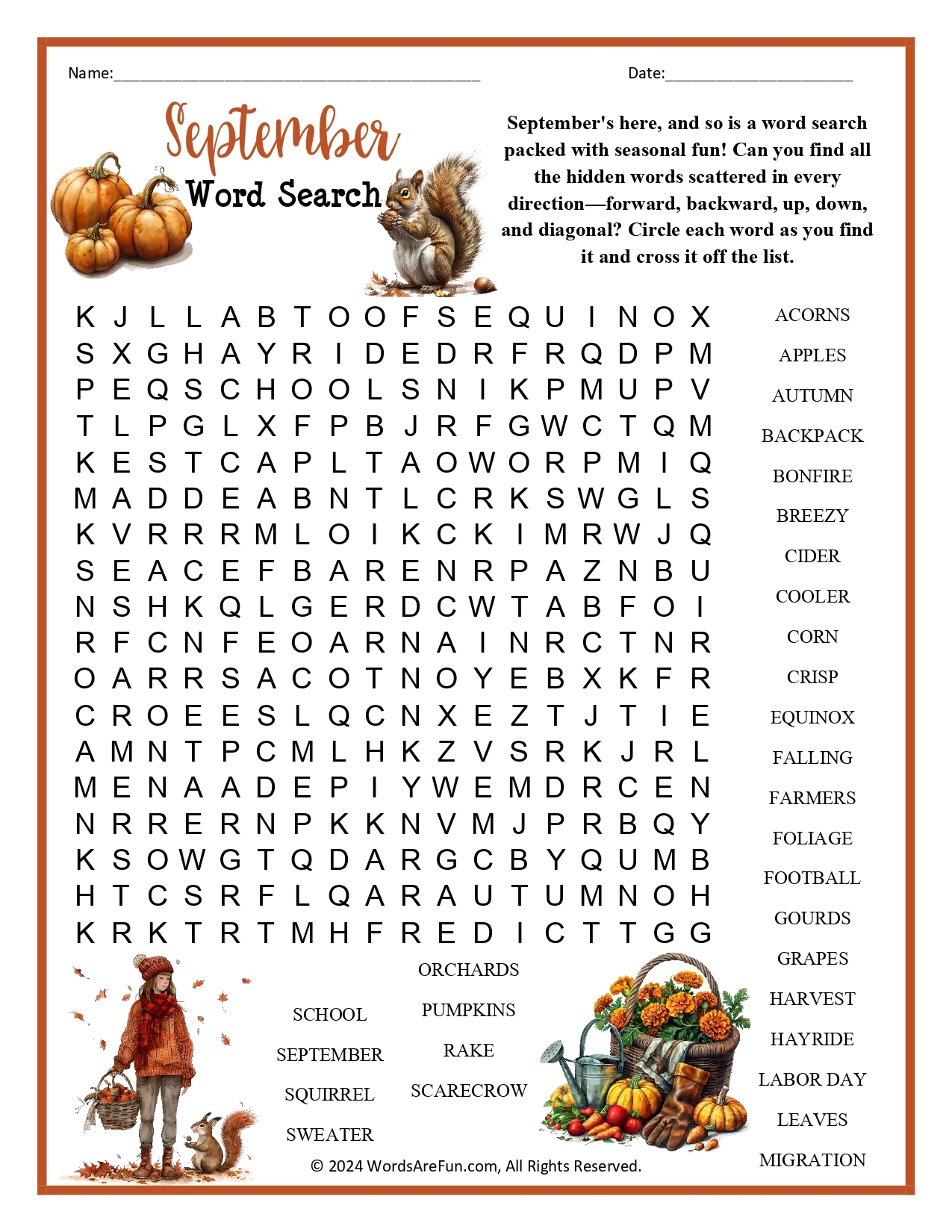 Free Printable September Word Search