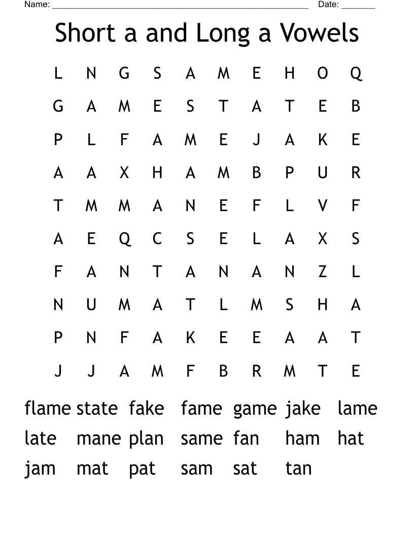 Short A And Long A Vowels Word Search WordMint