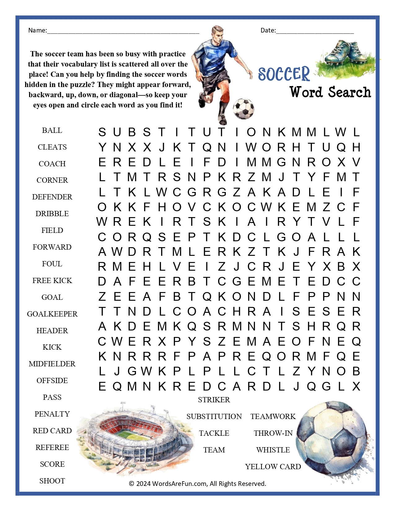 Soccer Word Search Printable Pdf