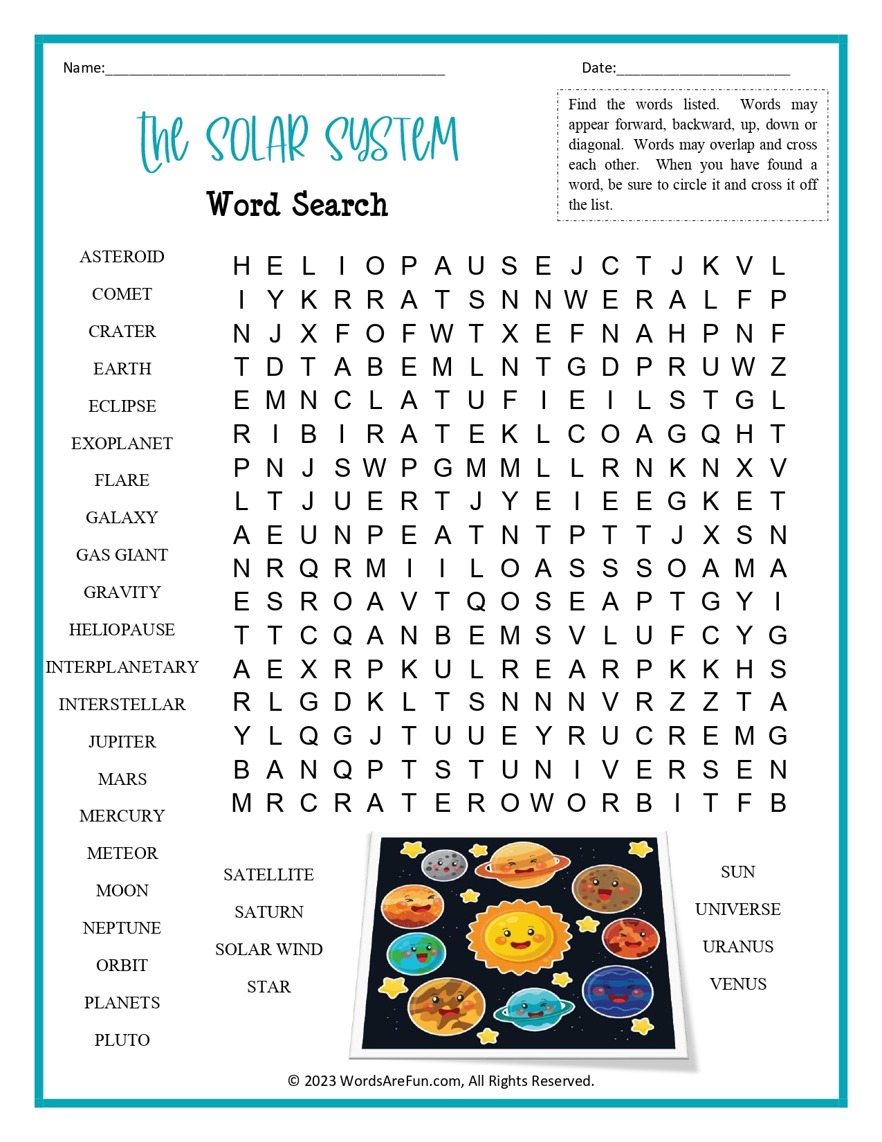 Solar System Word Search Free Printable