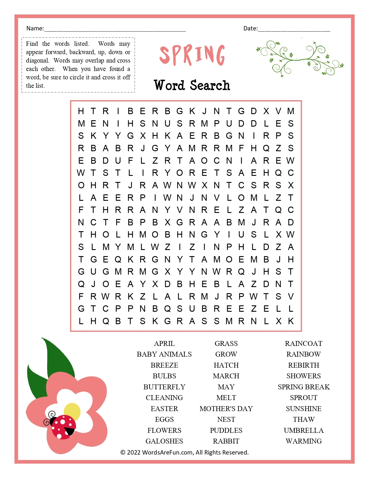 Spring Word Search For Kids Printable