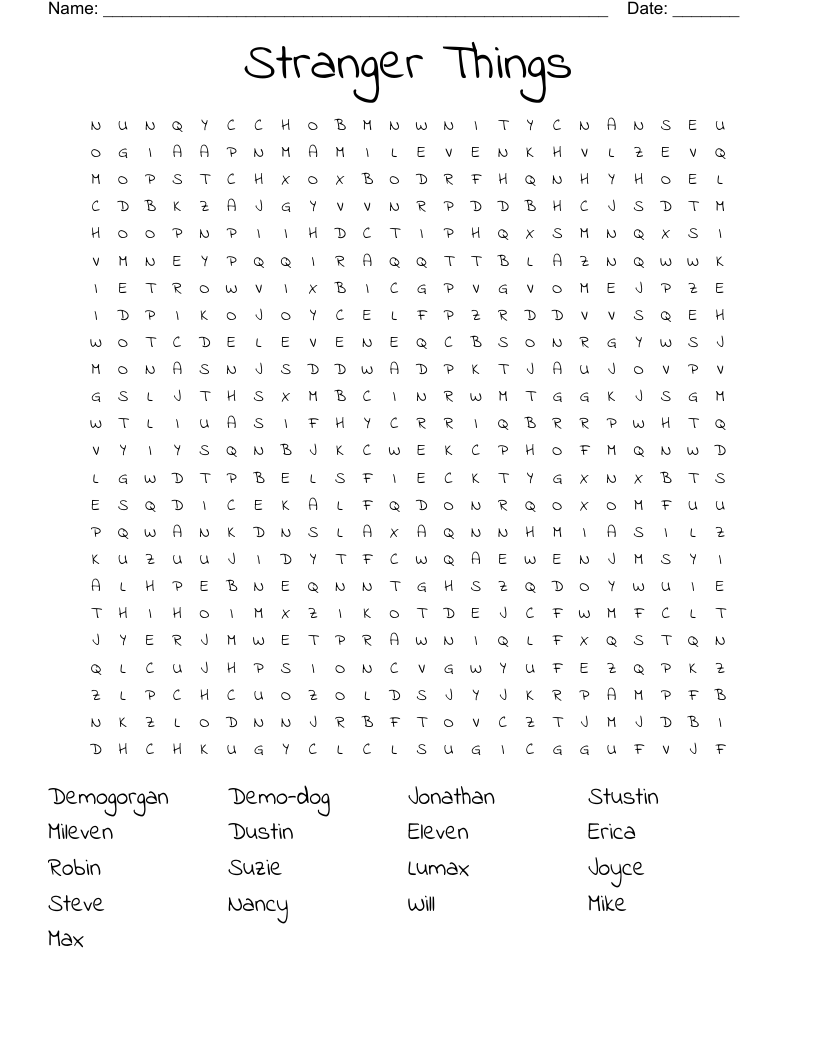 Stranger Things Word Search WordMint