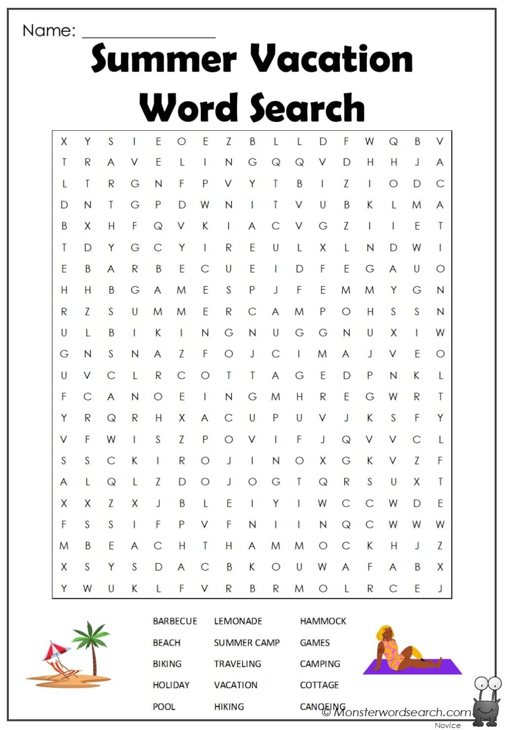 Summer Vacation Word Search Monster Word Search