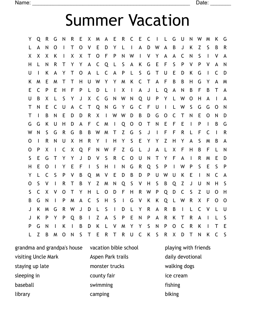 Summer Vacation Word Search WordMint