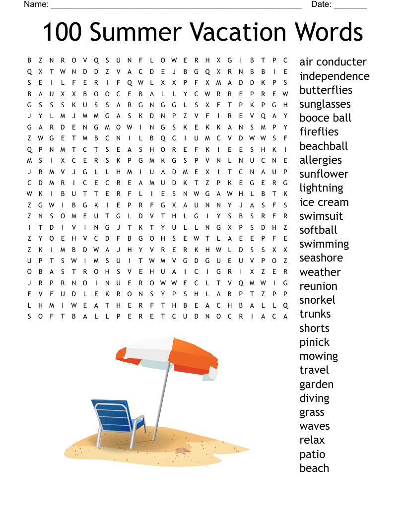 Summer Vacation Word Search Printable