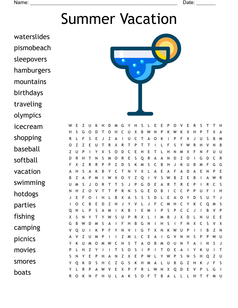 Summer Vacation Word Search Printable