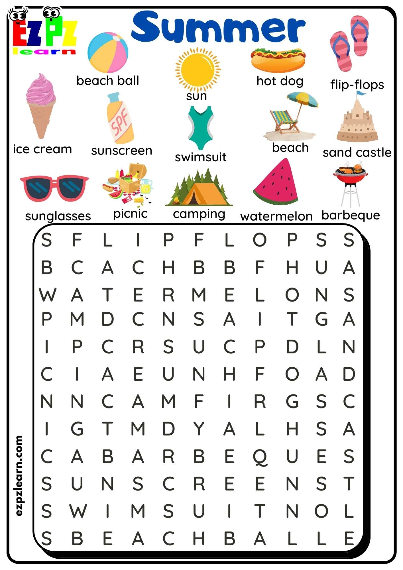 Difficult Summer Word Search Printable