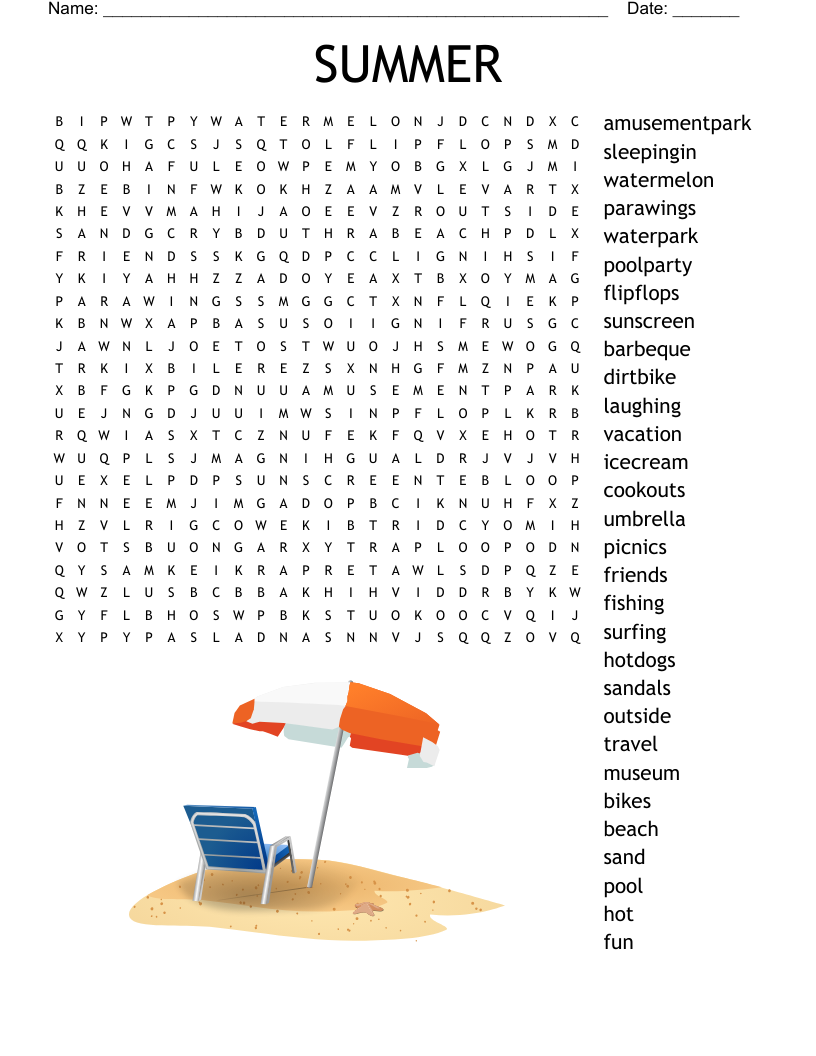 Difficult Summer Word Search Printable