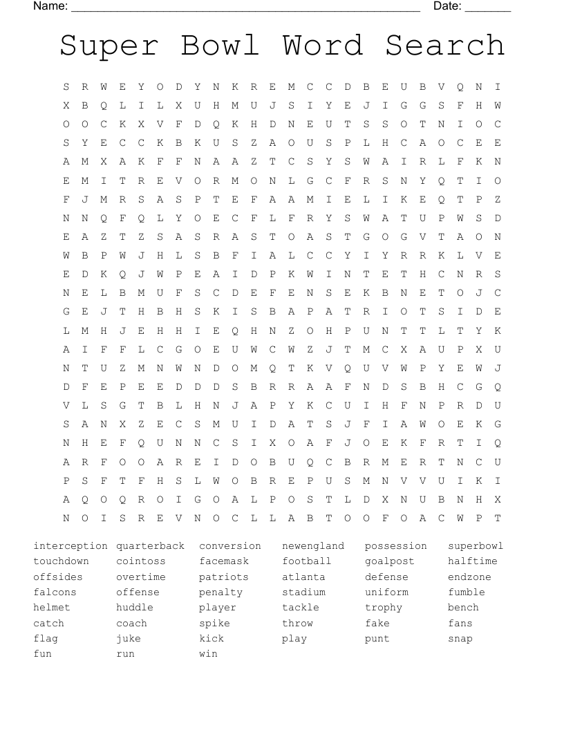 Super Bowl Word Search Printable