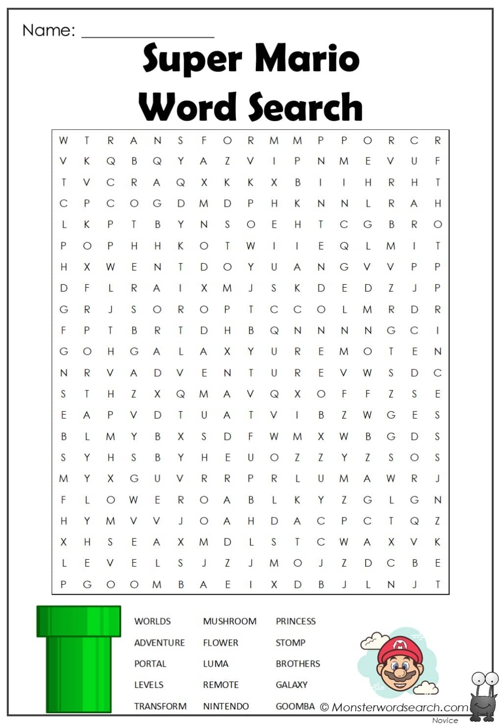 Free Printable Super Mario Word Search