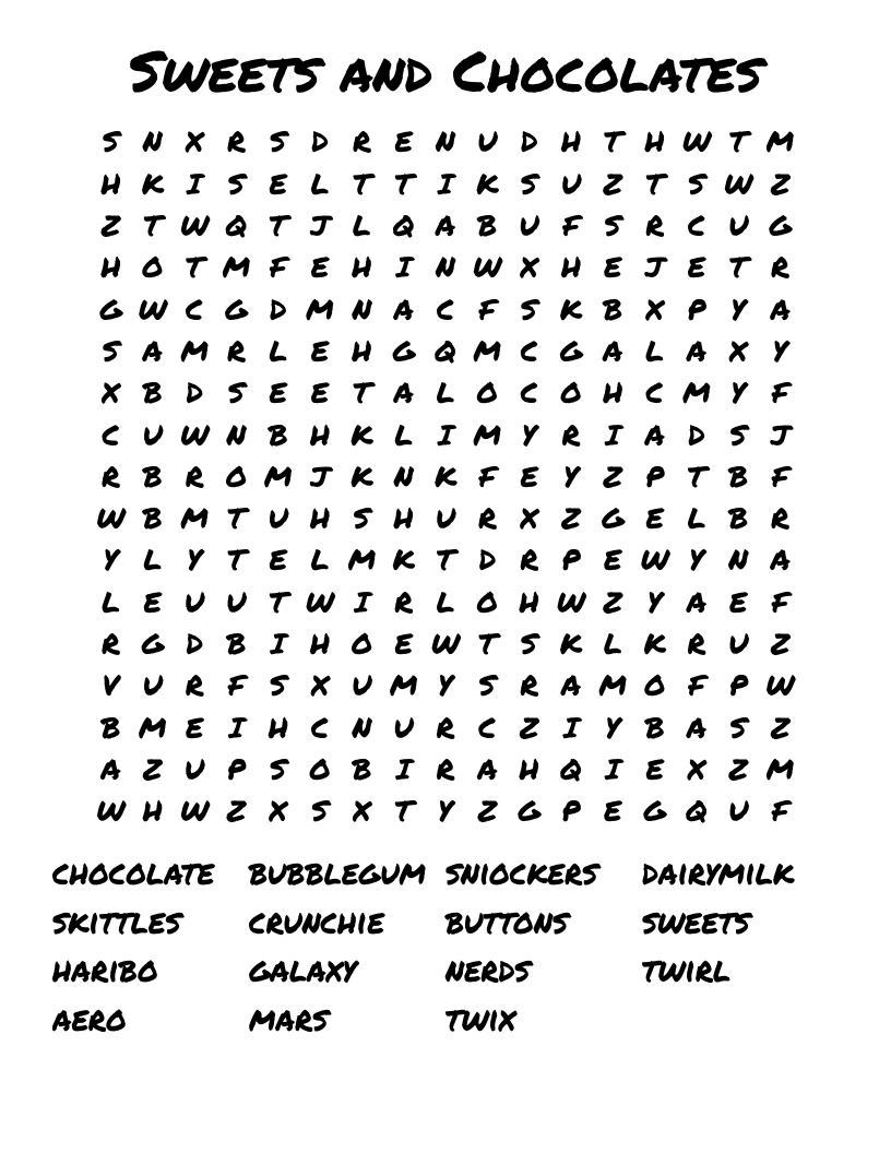 Chocolate Word Search Puzzles Printable