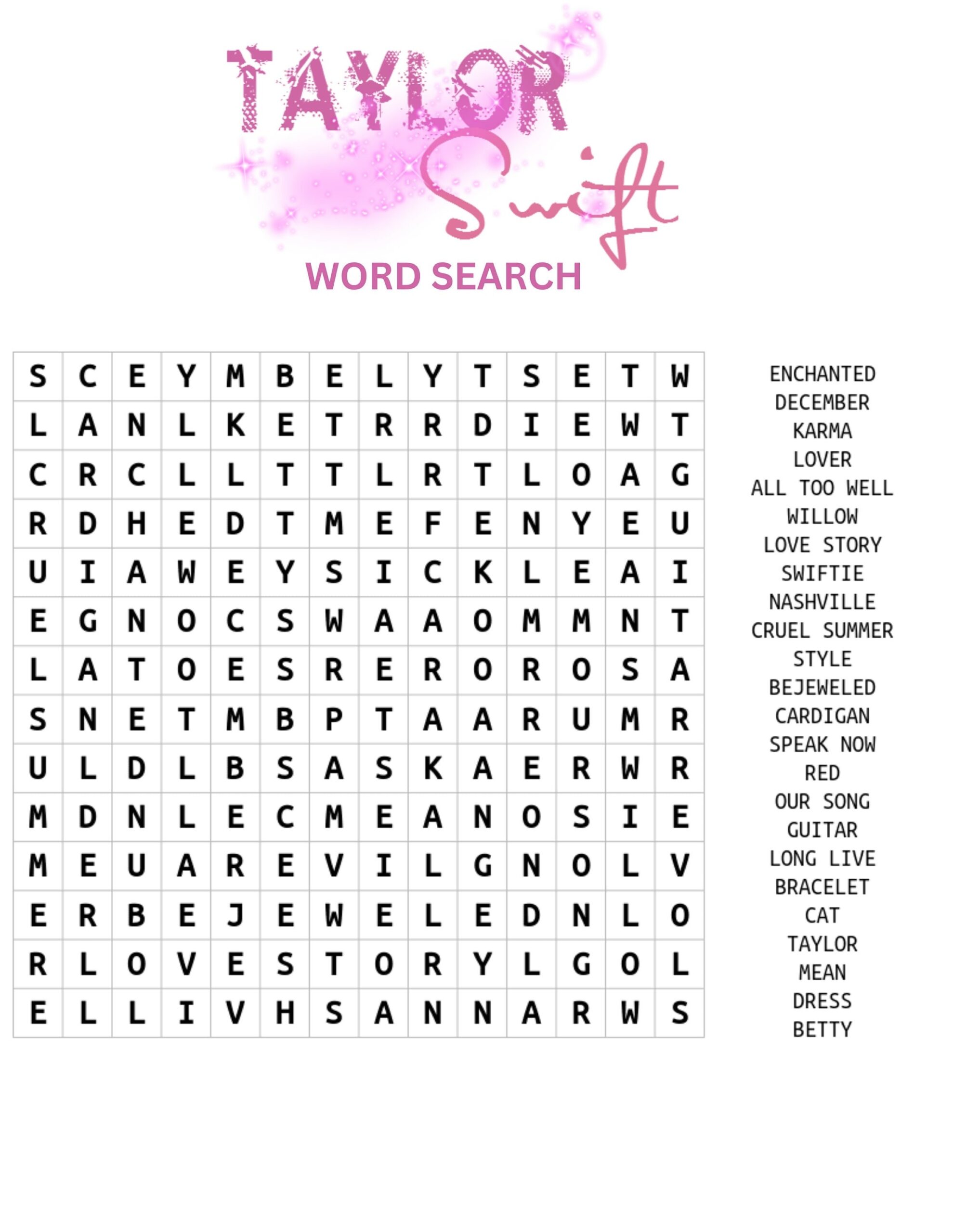 Taylor Swift Word Search Activity Page I Taylor Activity Page I Birthday Activity I Kids Maze I Party Favor I Digital Download I Printable Etsy