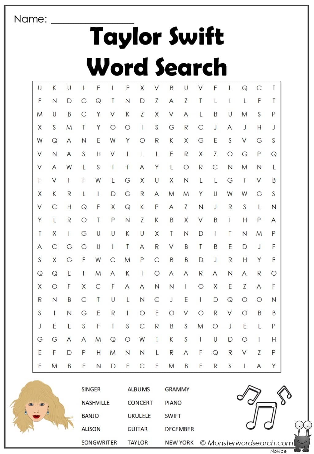 Taylor Swift Word Search Printable Free