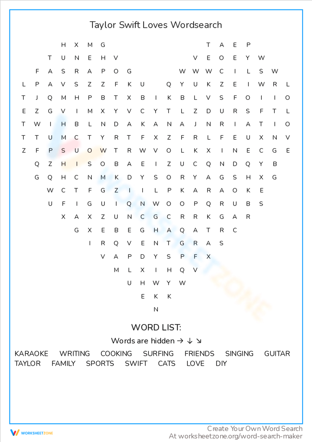Taylor Swift Word Search Printable Free