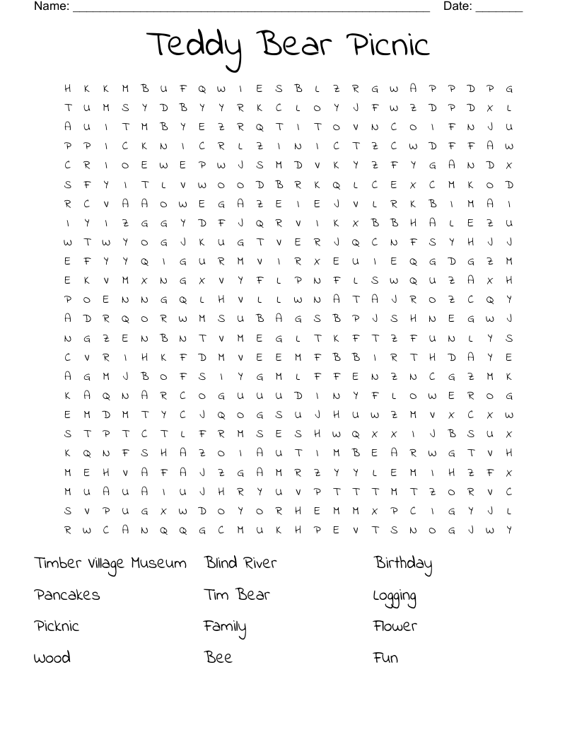 Teddy Bear Picnic Word Search WordMint