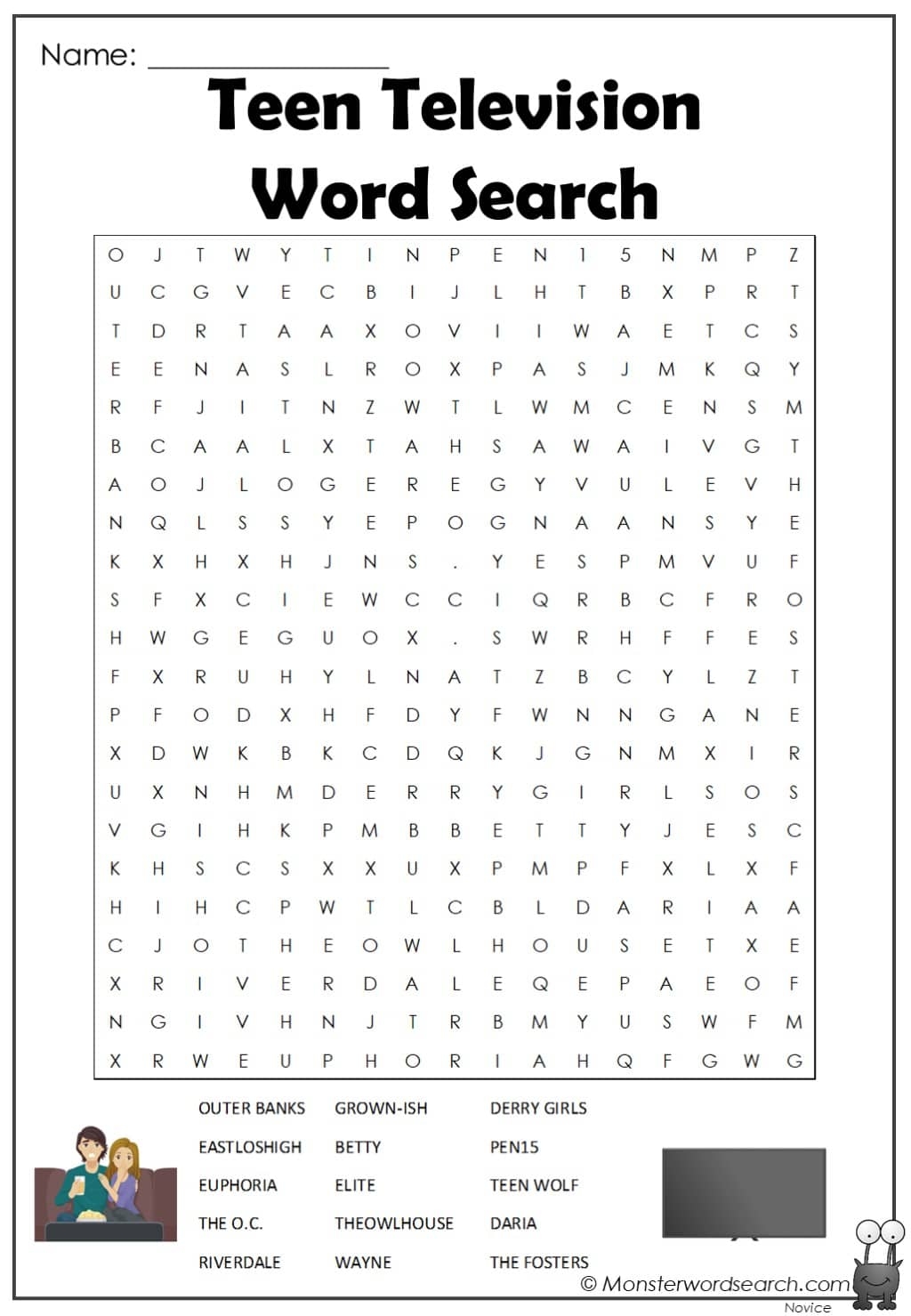Teen Television Word Search Monster Word Search