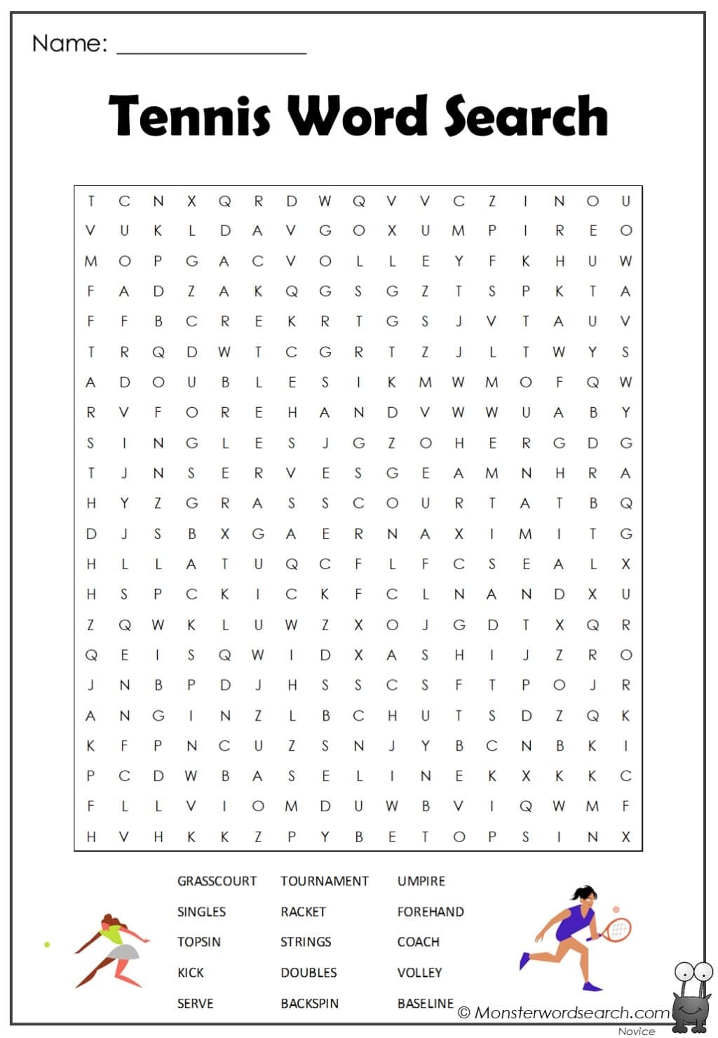Tennis Word Search Printable
