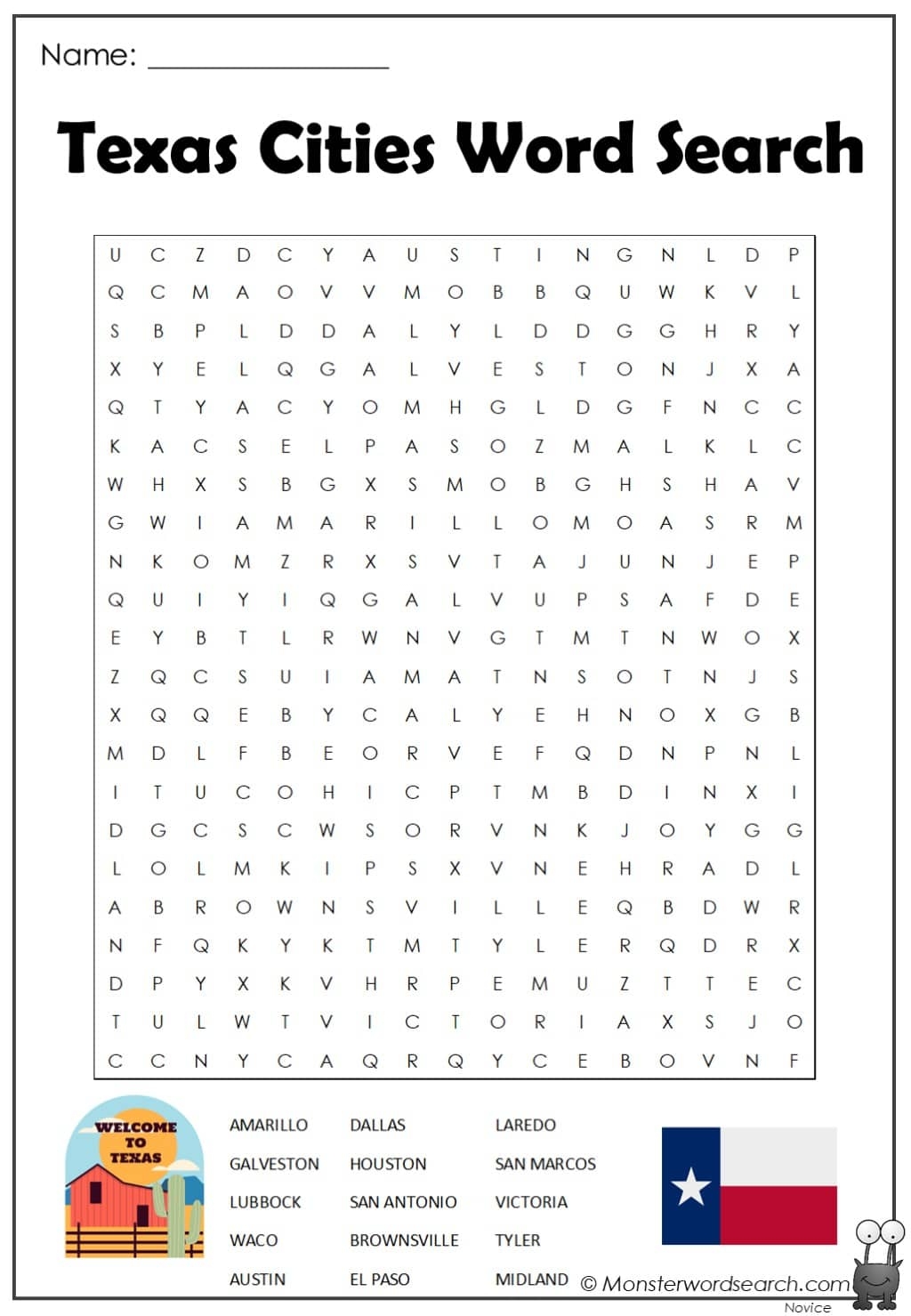 Texas Cities Word Search Monster Word Search