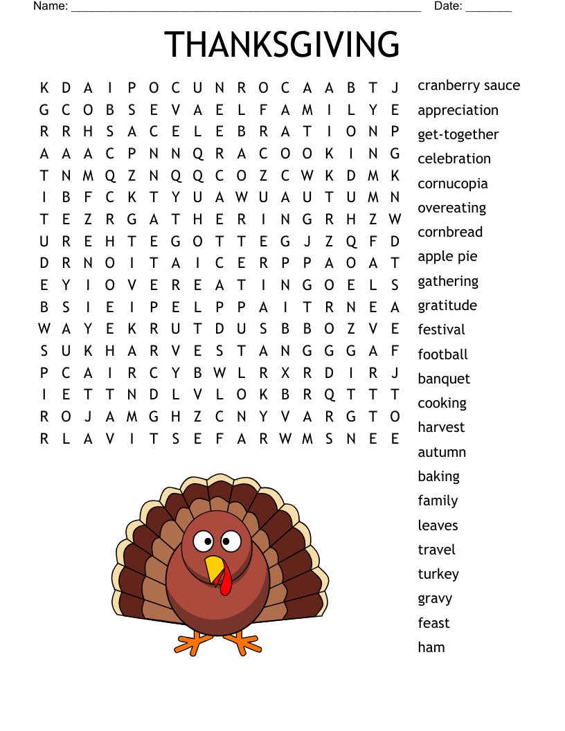 Hard Thanksgiving Word Search Printable