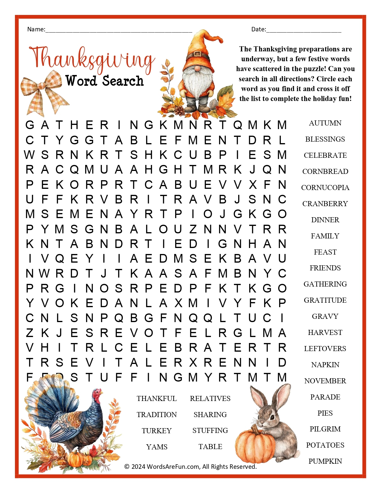 Thanksgiving Word Search Puzzles