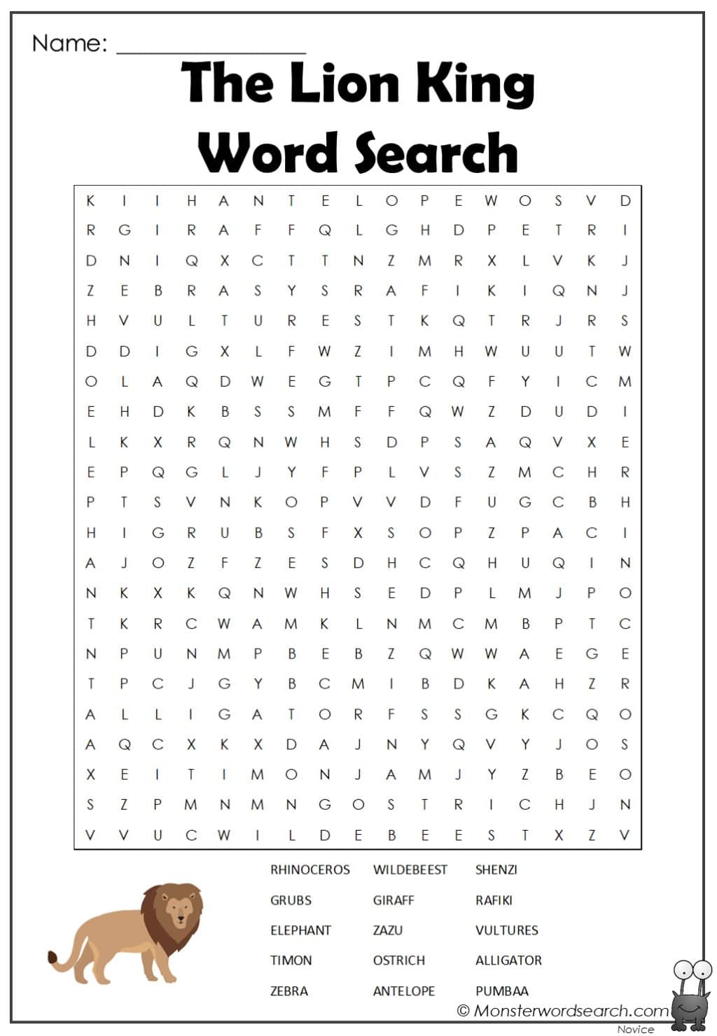 Lion King Word Search Printable