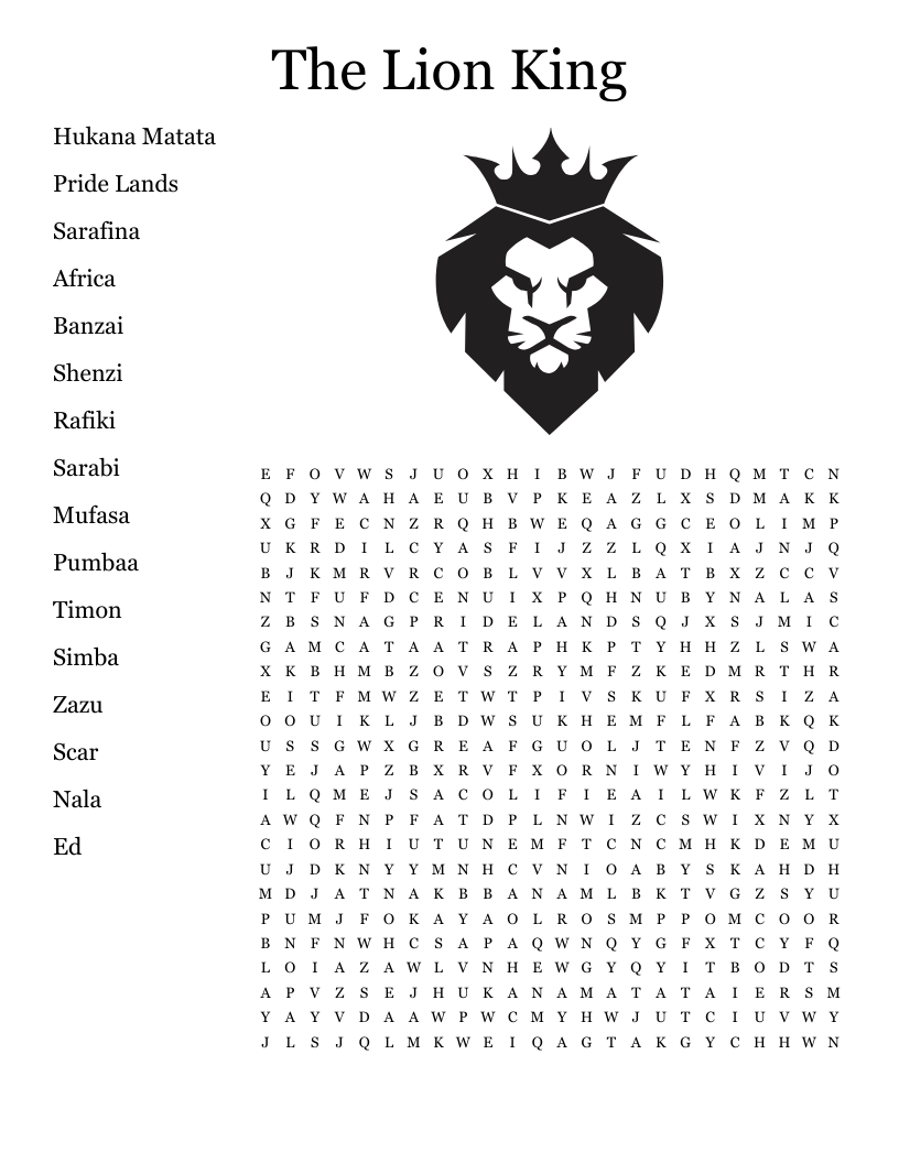 The Lion King Word Search WordMint