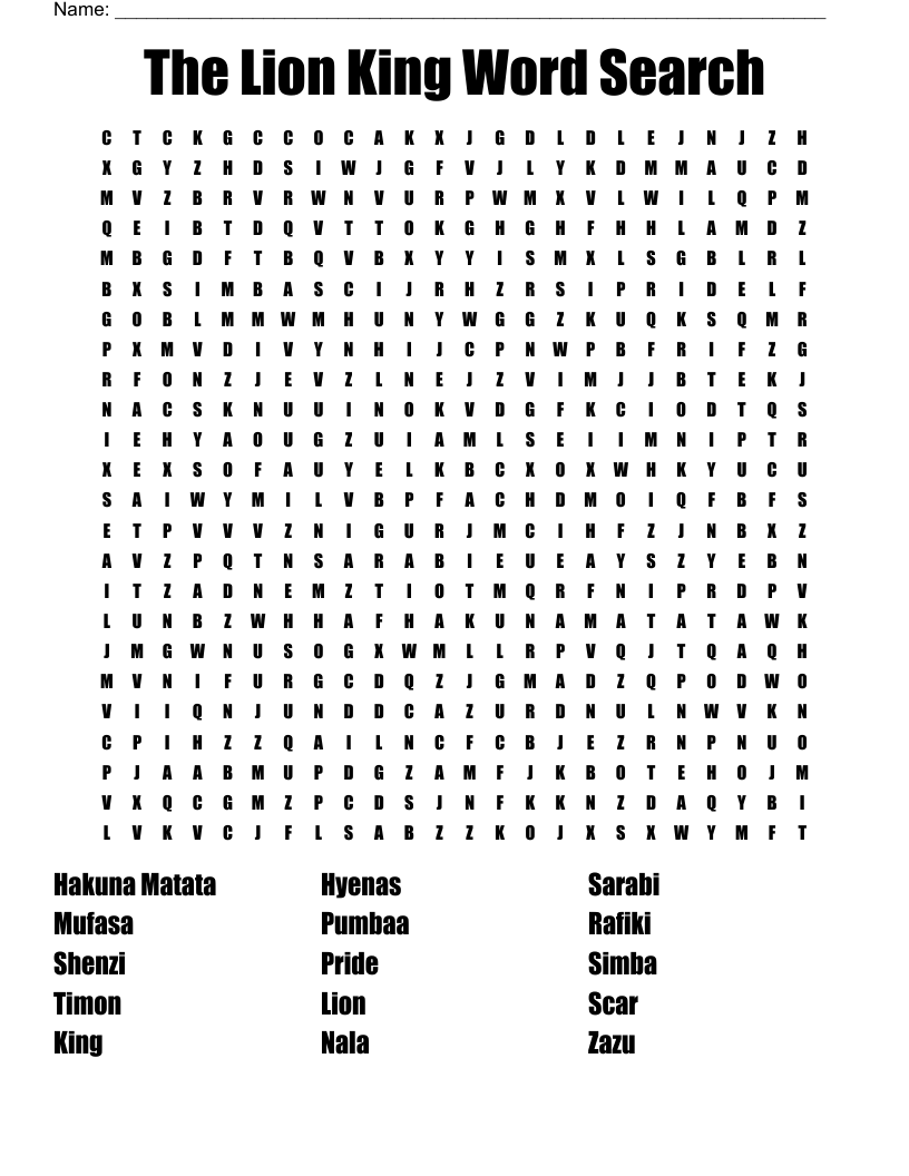 The Lion King Word Search WordMint