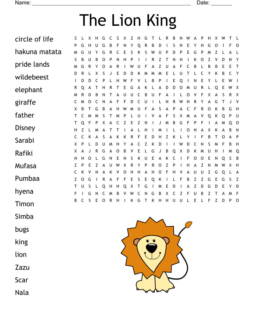 The Lion King Word Search WordMint