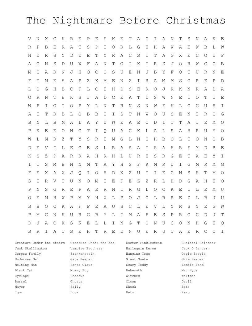 Nightmare Before Christmas Word Search Printable