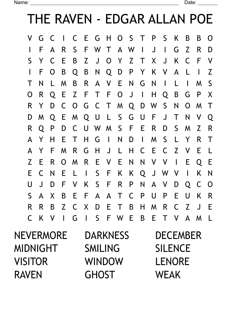 Edgar Allan Poe Word Search Printable