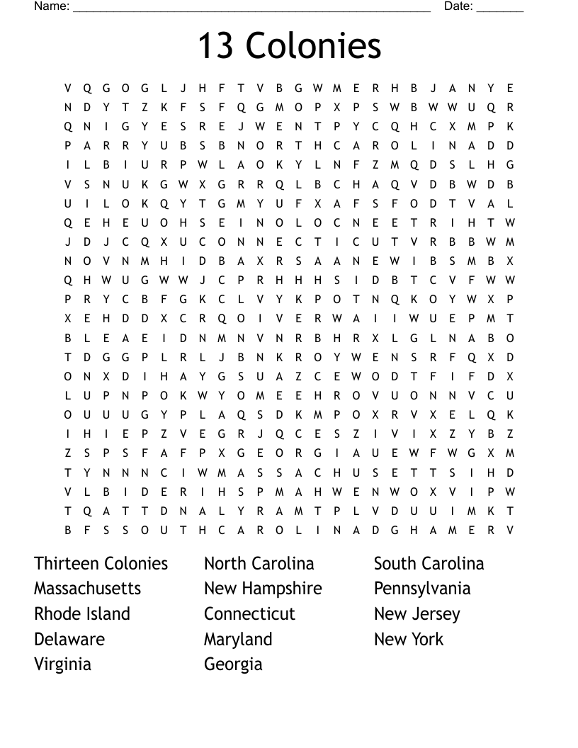 13 Colonies Word Search Printable