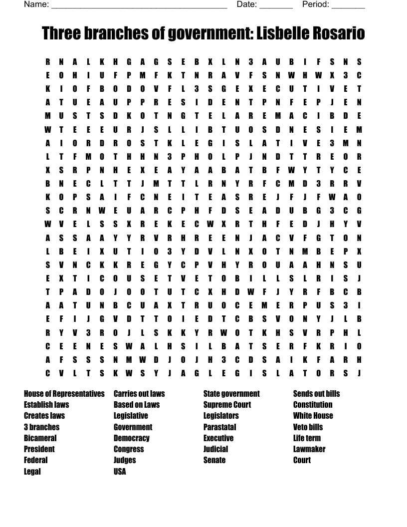 Three Branches Of Government Lisbelle Rosario Word Search WordMint