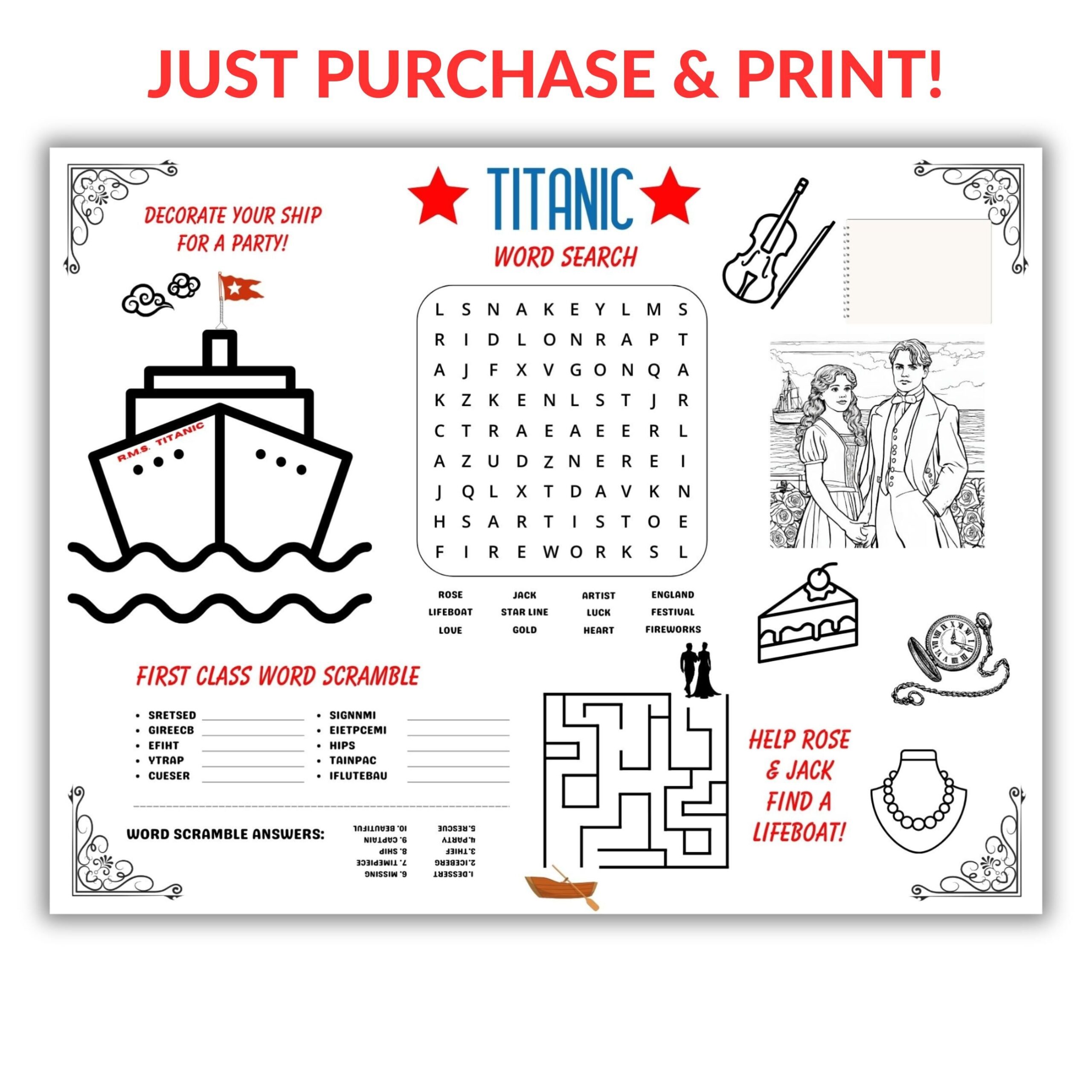 TITANIC KIDS Placemat Games activities TITANIC Coloring 