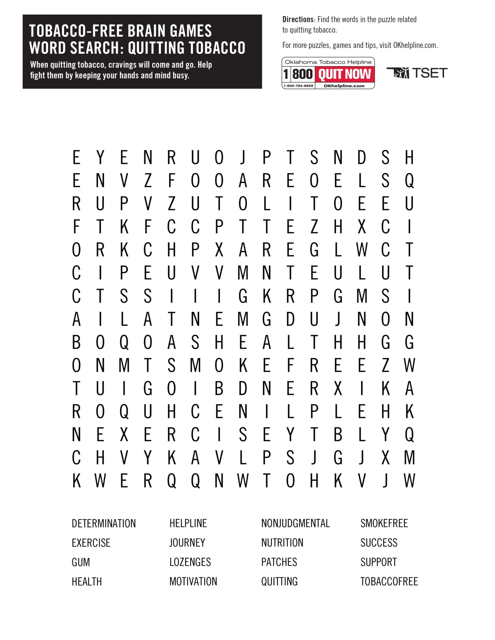 Tobacco Free Word Search Oklahoma Tobacco Helpline