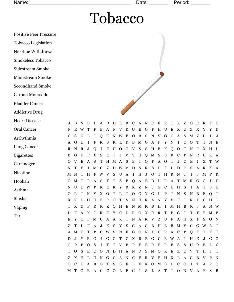 Tobacco Word Search Printable