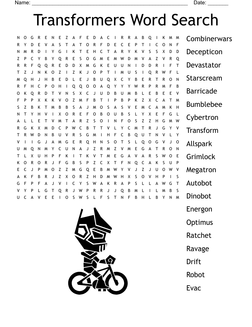 Transformers Word Search Printable