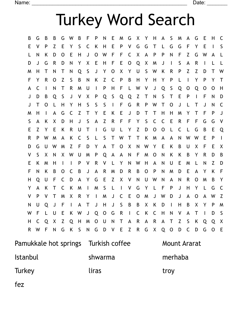 Turkey Word Search Printable