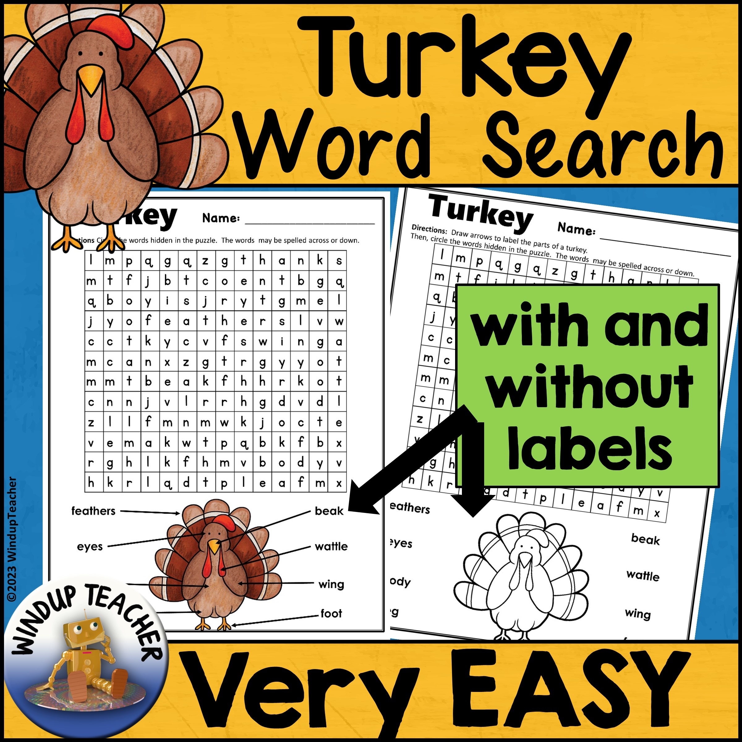 Turkey Word Search Easy With A Label The Parts Version Thanksgiving Puzzle Made By Teachers